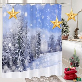 GOOESING Winter Shower Curtain Set with 12 Hooks Christmas Wonderland Forest Bokeh Snow Scene Pine Tree Bathroom Curtain Durable Waterproof Polyester Fabric Bathtub Sets Home Decor