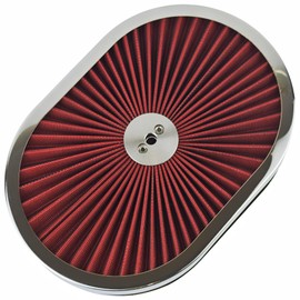 12"x2" Oval Air Cleaner Filter Assembly with 5-1/8" Carb Neck & Flow-Thru Lid - High Flow Chrome/Red Air Filter Compatible with GMC Chevy Ford Chrysler Dodge, Red