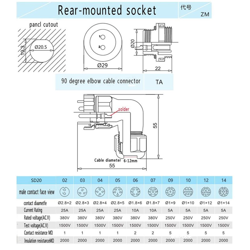 DRRI SD20 20mm Elbow 3 Pin Back nut Waterproof Aviation