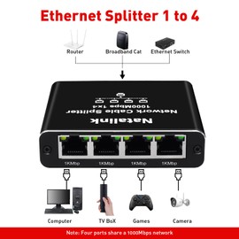 NataLink Ethernet Splitter 1 to 4 Network Cable Splitter 1000Mbps High Speed RJ45 Internet Splitter Adapter with USB Power Cable for Cat 5/5e/6/7/8 Cable