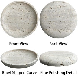 Natural Travertine Round Decorative Tray - 8-inch Beige Stone Vanity Bowl, Anti-Slip Organizer Plate for Bathroom, Kitchen, Home Décor, Candles, Jewelry Display, 3/4-inch Height