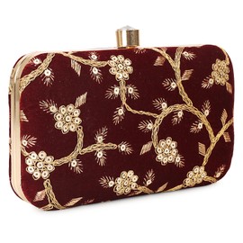 LONGING TO BUY Hand Crafted Designer Box Clutch - Zari Embroidery For Women, Maroon-2