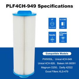 4CH-949 Spa Filter Cartridges - Compatible with Pleatco PWW50L & Filbur FC-0172, 50 sqft Hot Tub Filter Replacement,Fits Cal Spa FIL50-5D13H15FCT-3, Waterway Teleweir 50 （2-Pack）