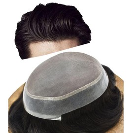 LYRICAL HAIR Mens Toupee Wig Hair Replacement System for Men Monofilament Mens Hairpiece Poly Skin PU Around Hair Unit for Men 6X8#1B Off Black-120% Med-light to Medium Density