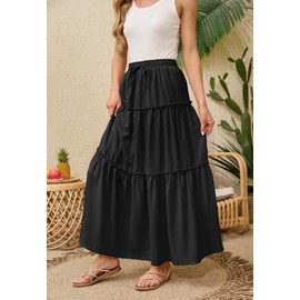 HERBATOMIA Women’s Long Flowy Tiered Skirt A-Line Ruffle Black Drawstring Elastic High Waisted Swing Trendy Maxi Skirts for Women with Pockets
