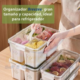 BREEZEE Organizador para Refrigerador con Canastas que Filtran el Agua y Dividen el Espacio del Contenedor, Ideal para Frutas y Verduras, Multifunción, Espacio en tu Hogar, Contenedores para Alimentos