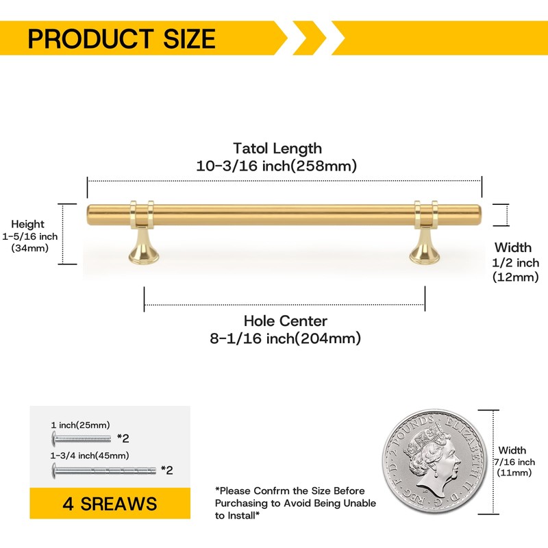 Rergy Cabinet Handles Drawer Pulls and Knobs, 10Pack Gold 8inch
