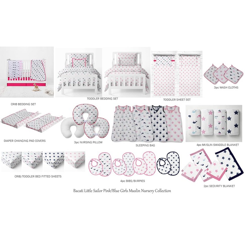 Bacati - Girls Nautical Muslin Whales Boat Pink Blue Navy