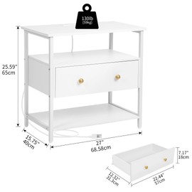 Edbuosy 27 inch Nightstand Side Table with 1 Layer of Wooden Drawers，Nightstand with Charging Station,End Table Bedside Table with USB Ports and Outlets (White)