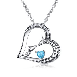 TANGPOET Giraffe Gifts for Women 925 Oxidized Sterling Silver 2 Giraffe Necklace March Aquamarine Birthstone Pendant Heart Jewelry Birthday Mother's Day Christmas Gifts for Mom Girlfriend