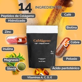 Cafelágeno - Café con Péptidos de Colágeno Hidrolizado Francés, Biotina, Ácido Pantoténico (Vit B5), Vitaminas A, C, D, E, Magnesio, Zinc, Cobre,...  