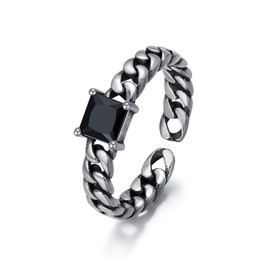925 Sterling Silver Vintage Oxidized Style Square Cut Natural Black Onyx Adjustable Ring Casual Jewelry Gifts for Women