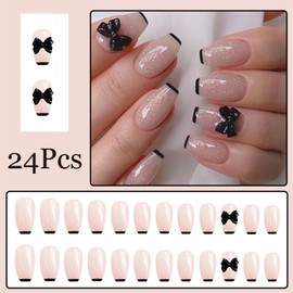 Trapezoid Short Press on Nails Black French Tip Glue on Nails 3D Bow Full Cover Acrylic Nails Pearl Bow Charms Designs Rhinestone Glue on Nails Stick on Nails for Women Girls Manicure Decor 24 Pcs