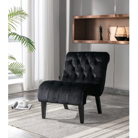 Comfy Velvet Accent Chair, Upholstered Armless Side Chair for Living Room, Modern Small Lounger with Tufted Back and Rolled Edge Design, Comfy Reading Chaise Lounge with Solid Rubber Wood Legs, Black