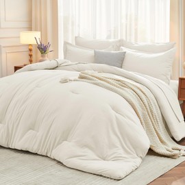 MUXHOMO 7 Pieces Full Comforter Set, Soft Bed in a Bag Full Size, All Season Bedding Set with Comforter, Flat Sheet, Fitted Sheet, Pillowcases & Shams, Ivory