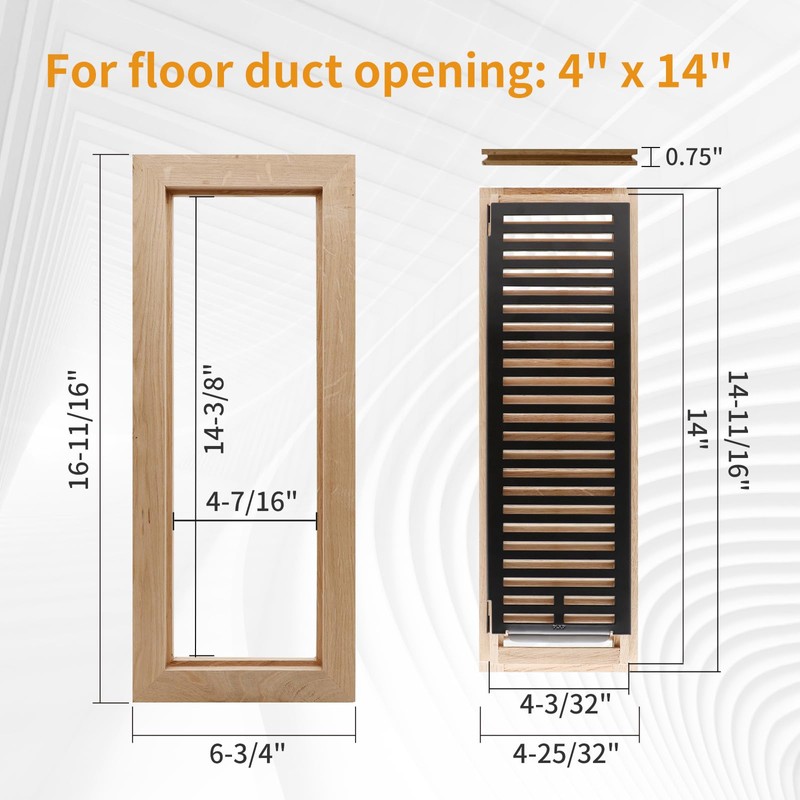 Oak Floor Register for 4x14 Inch Duct Holes - Flush