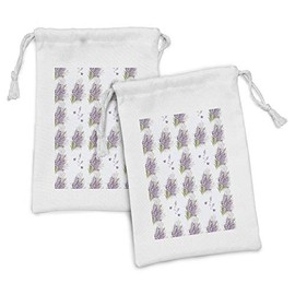 Ambesonne Violet Fabric Pouch Set of 2, Spring Themed Isolated Lavender Lilac Flowers Layout Alongside Butterflies, Small Drawstring Bag for Toiletries Masks and Favors, 9" x 6", White and Multicolor