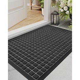 DEXI Front Door Mat Outside Entrance, All-Season Heavy Duty Rubber Doormat, Fade Resistant, Low-Profile, Easy Clean Patio Entryway, 23"x35", Checkered Black