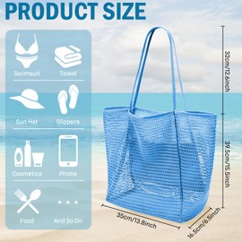 Summer Mesh Beach Bag with Zip Pocket Reusable Foldable Sac De Plage including The Same Color Waterproof Phone Bag for Woman (Blue)