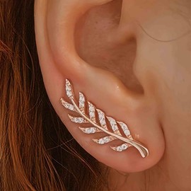 Aneneiceera Vintage Rhinestone Ear Climber Earrings Gold Cz Leaf Crawler Earrings Filigree Leaves Ear Climber Crawler Earrings Minimalist Crystal Leaf Earrings Jewelry for Women (Gold)