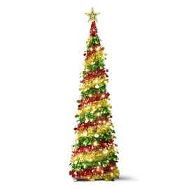 5FT Pop Up Christmas Tree with LED Lights and Tree Topper- Collapsible Artificial Tinsel Pencil Christmas Tree, Skinny Xmas Tree for Indoor Home Apartment Porch Holiday Party Decorations(Circle)