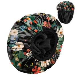 Zewurtuw Luxury Shower Cap Terry Cloth Lined EVA Waterproof Reusable Triple Layer Elastic Hair Bath Caps for Women Girls Cute-Cat Flower