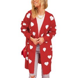 Yimoon Women Valentines Cardigan Sweater Love Heart Open Front Long Cardigan Oversized Chunky Knit Sweaters(Red-XL)
