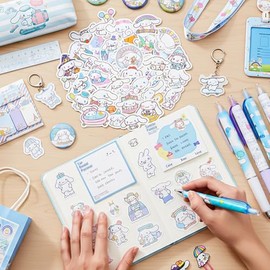 Bonitos suministros escolares, juego de papelería Kawaii con estuche para lápices, regla, bolígrafos de bola, calcomanías, llavero, soporte para tarje
