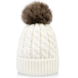 Simplicity Womens Beanie Winter Hand Knit Faux Fur Pompoms Womens Winter Hats White Beanie Hat