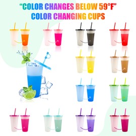 EASEVE Color Changing Cups with Lids and Straws - 12 Packs 24 oz Reusable Plastic Tumblers with Lids and Straws for Adults Kid Party, Bulk Tumblers for Iced Coffee Tea and Smoothie (with Straw Cover)