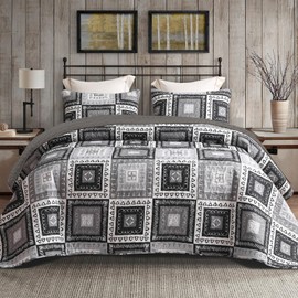 Exclusivo Mezcla Reversible Boho Quilt Set King Size, 3 Pieces Patchwork Black All Season Bedspreads, Ultra Soft Floral Coverlet Bedding Set with Printed Pattern (1 Quilt, 2 Pillow Shams)