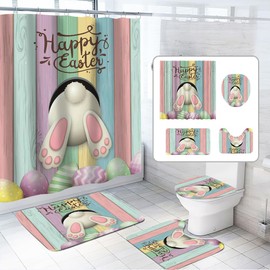 4pcs Easter Shower Curtain Sets with Non-Slip Rugs Toilet Lid Cover and Bath Mat Bunny Easter Bathroom Curtain Decor Set with 12 Hooks Waterproof Shower Curtain Set for Bathroom (Easter1)