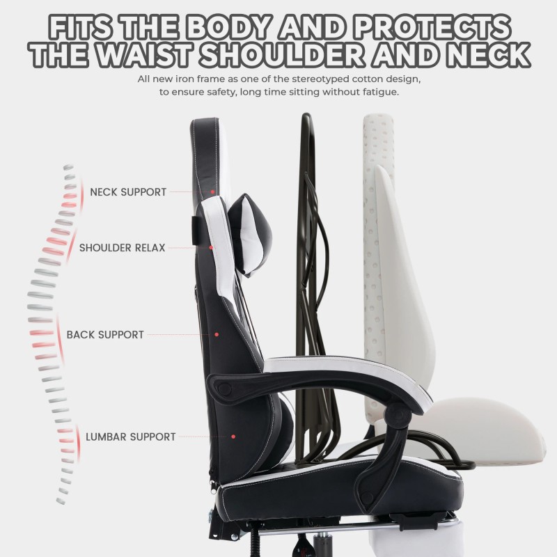 High Back Ergonomic Gaming Chair with Footrest Headrest Lumbar Support-PVC