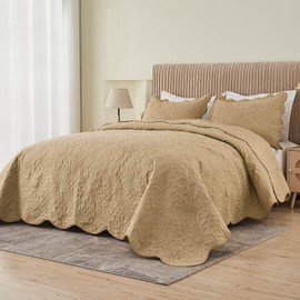 Oversized King Bedspreads 128x120 Extra Wide Quilt for Tall King California King Bed Lightweight 3 Piece Quilted Coverlet Pillow Shams Set Beige