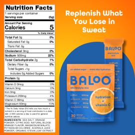 Baloo Electrolytes Powder Packets - No Added Sugar - Hydration Packets with Real Fruit & Unrefined Sea Salt - Powered by Magnesium, Potassium & VIT C for Daily Clean Hydration - Orange - 30ct
