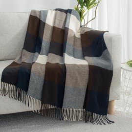 GINAMUSE Buffalo Plaid Twin Blanket for Couch with Tassels,60"X80" Soft Lightweight Knitted Boho Decorative Blankets for Bed and Sofa Navy Blue/Brown