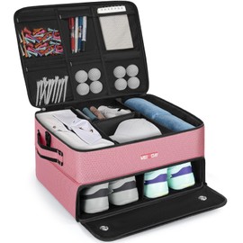 ANILD 2 Layer Golf Trunk Organizer to Store Golf Accessories,Equipped with Separate Compartment for 2 Pair Shoes,and Storage for Balls, Tees, Clothes, Gloves, Accessories (Pink)