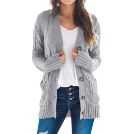 Ninfort Cardigan Sweaters for Women Long Sleeve Open Front Button Cable Knit Pockets Cardigans Light Grey