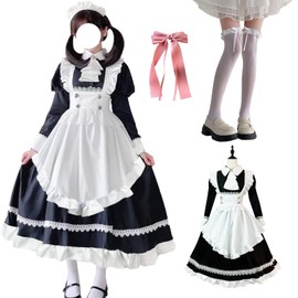 Sivrusn Maid Clothes, Cosplay, Costume, Full Set with Tights, Classic, Long Sleeve, British Style, Moe, Cute, Dress, Apron, Headband, Maid Costume, Women's, Halloween, Events, Parties, Cultural