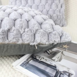NIULAA Fluffy Cushion Cover, 40 x 40 cm, Grey, Set of 2, Plush Decorative Cushion Covers, Soft Striped Cushion Cover, Luxury Fur, Decorative Cushion, Sofa Cushion, Cuddly Cushion Covers, Living Room