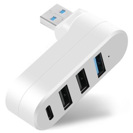 4 Port USB 3.0 Hub Splitter with 3 Ports and 1 USB-C Power/Data Port, 90°/180° Rotatable Extender for Laptop Desktop PC