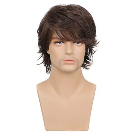Parrucca Da Uomo Parrucca Sintetica Maschile Sintetica a Onde Naturali a Strati Corti Marrone Con Frangia Costume Da Festa Di Halloween Cosplay Tutti I Giorni