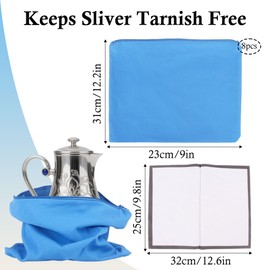 Klmnop 8 Pcs Zippered Silver Storage Bags with Polishing Cloth, 9 x 12 Inch Anti Tarnish Silver Bags, Microfibre Double-Sided Velvet Protector Pouch for Jewelry Silverware Flatware(Blue)