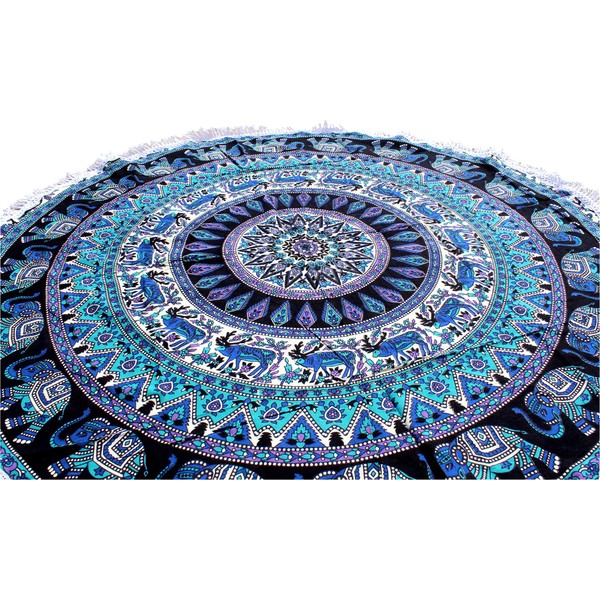 Round Beach Tapestry Turquoise Mandala Throw/Boho Hippie Beach Blanket Roundie/Indian