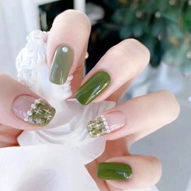 Nail Tip Nail Seal, Green, Flowers, Refreshing Sheer, Flower Design, Spring and Summer Nails, 24 Pieces, Stylish, Popular, Easy Off, Gel Nail Stick, Long Lasting, Nail Art, Self Nail, Simple Women,