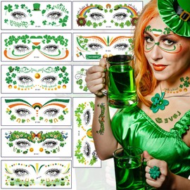 10 Pcs St. Patrick's Day Shamrock Temporary Face Tattoos Sticker Green Clove Butterfly Hat Heart Face Freckles Makeup Fake Tattoo Stickers Decals for Irish Parade Party Art Decorations