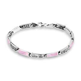 AeraVida Greek Key Labyrinth Pink Mother of Pearl Inlay .925 Sterling Silver Link Bracelet