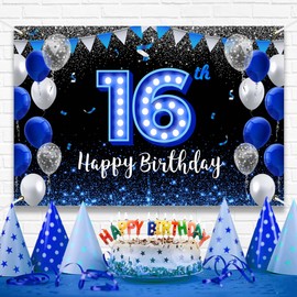 Happy 16th Birthday Backdrop Banner Blue Black Theme Background With Blue Neon Light Shiny Fashion Birthday Party Photo Photography Prop Booth Background for Boys Girls Celebration 70.8x47.2in-BECKTEN