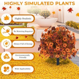 Fall Artificial Boxwood Topiary Ball Trees with Mums Flowers Set of 2,UV Resistant Orange Faux Shrubs Outdoor with Spike,Autumn Fake Potted Plants for Front Porch Garden Yard Decor 23.7"