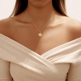 Tasiso Gold Pendant Necklace for Women 14K Gold Plated Coin CZ Pendant Necklace Adjustable Chain Disc Round Dainty Charm Necklace Trendy Jewelry Gift